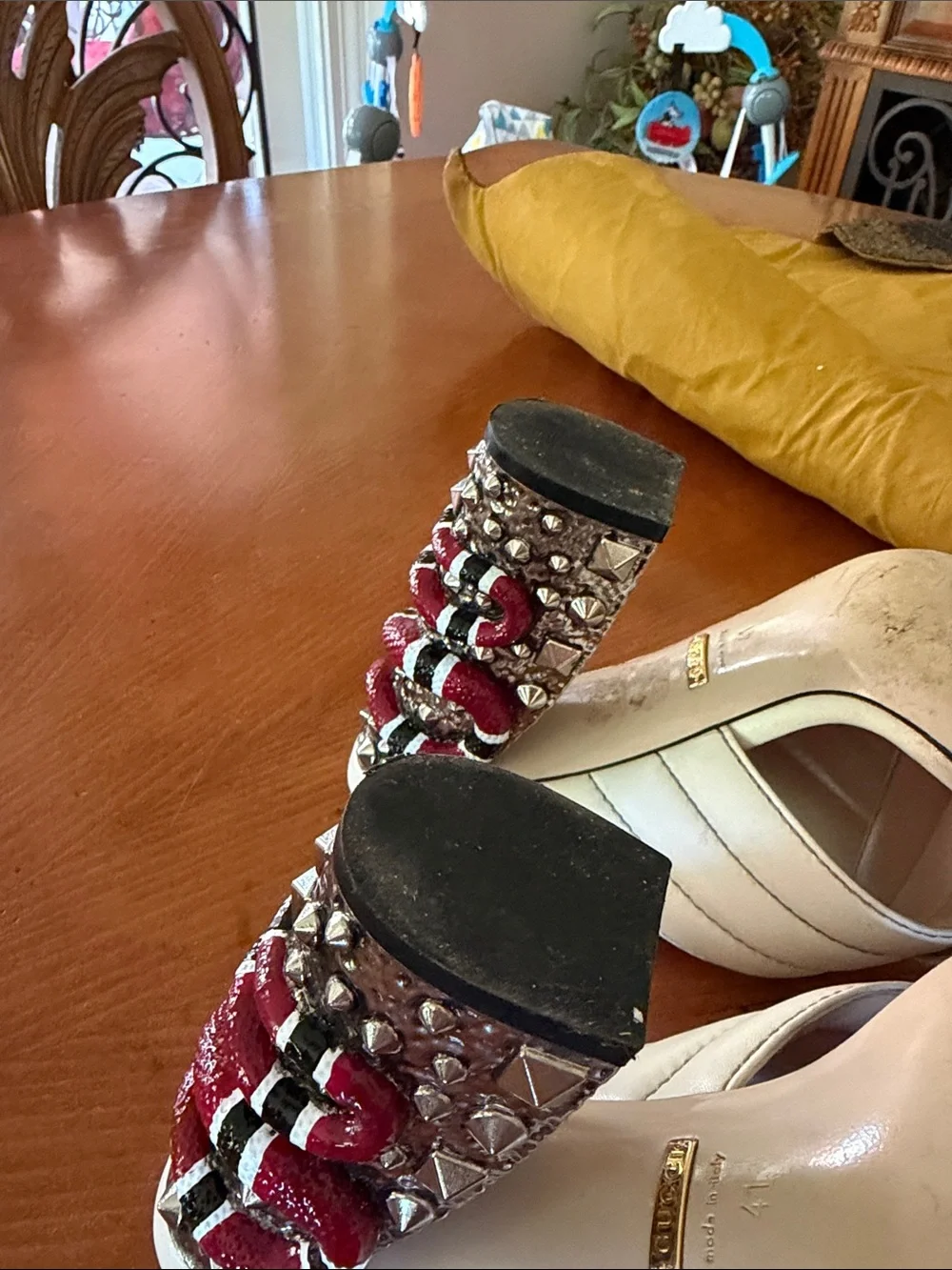 Gucci Cream Slip-On Heels with Red & Black Embellished Snake-Detail Heel - Picture 9 of 10